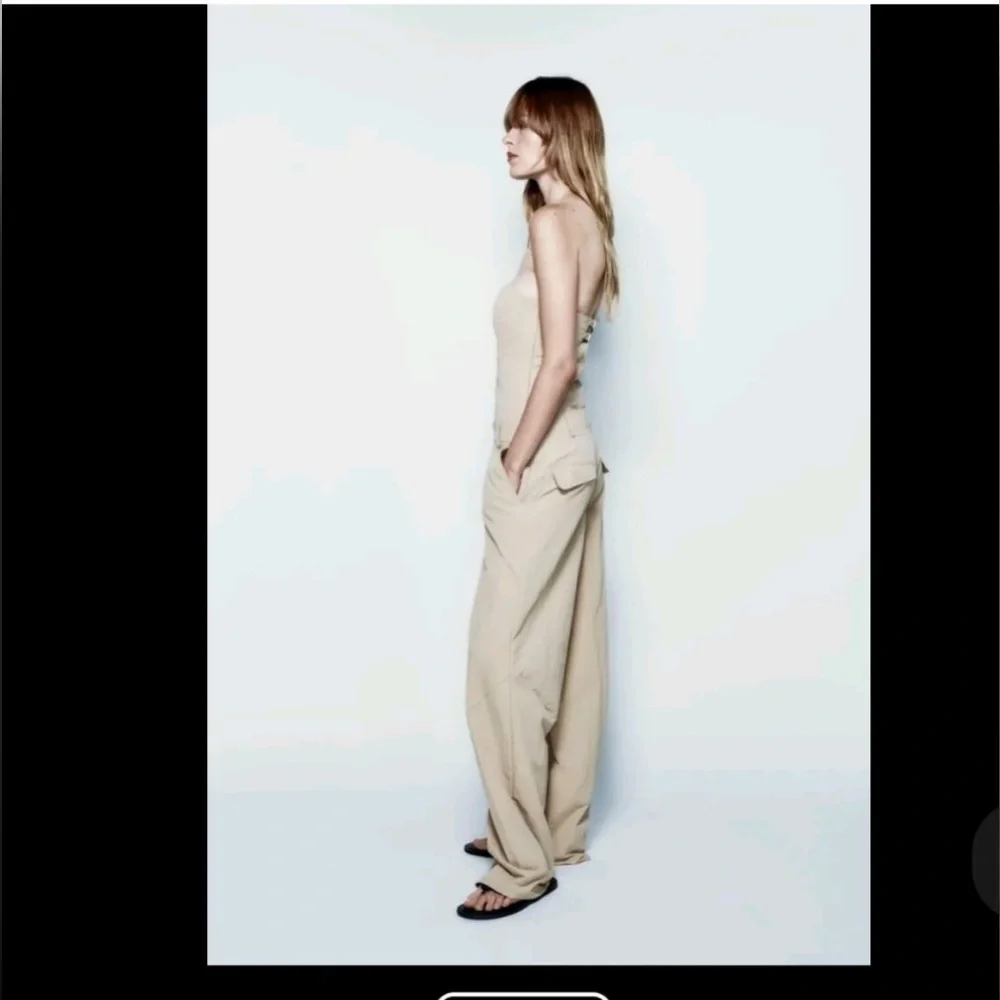 ZARA Khaki Tan Nylon Strapless Wide Leg Utility Jumpsuit NWT - Picture 5 of 11